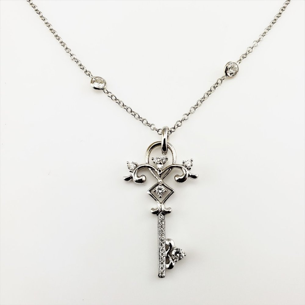 Vintage 14K White Gold Diamonds by the Yard Necklace w Diamond Key Pendant #8146